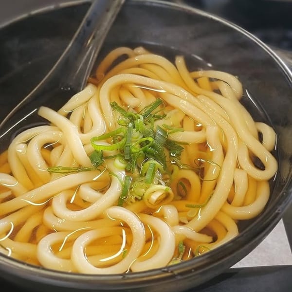 A close-up of Miyo's Japanese udon noodle soup with green onions in a dark bowl.
