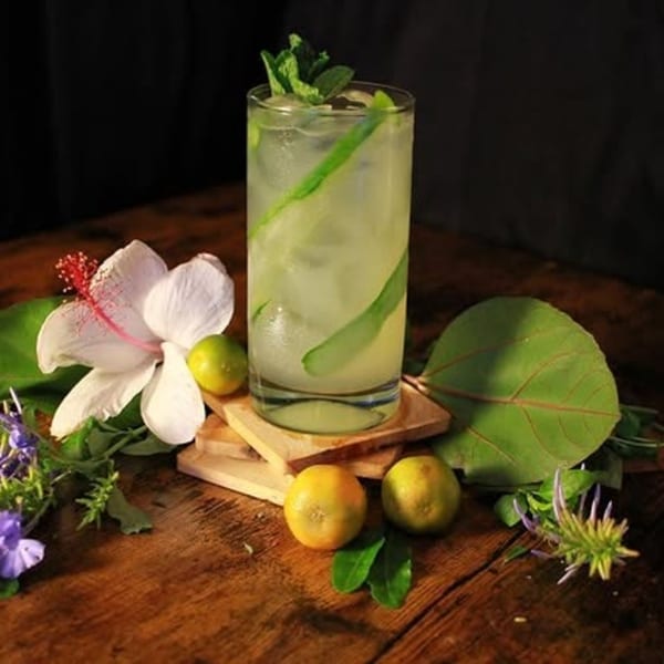 A refreshing cucumber and mint cocktail on a wooden table, garnished with a white hibiscus flower and limes.